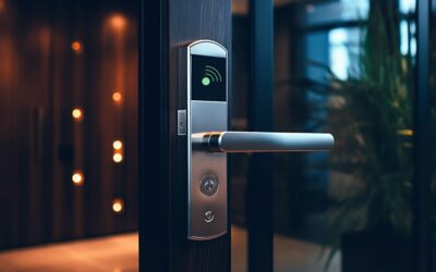 Smart Digital touch screen keypad access by entering pass code digits, Electronic digital door handles on wood door Hotel or apartment door, future modern safety security technology more safe secure